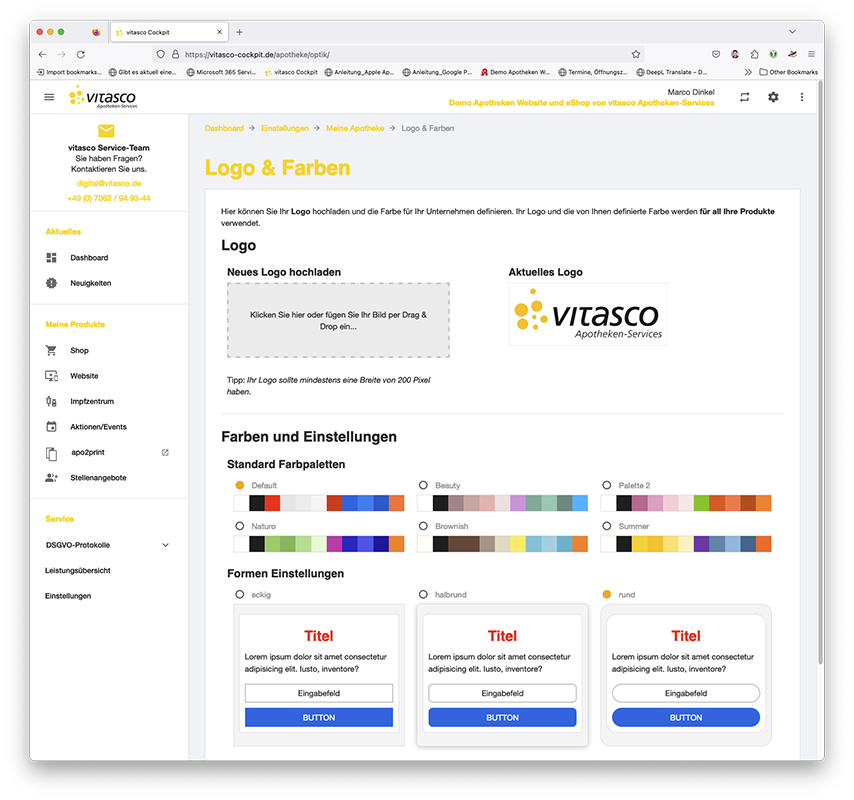 vitasco Website & eShop - Cockpit - das Aussehen der Website anpassen
