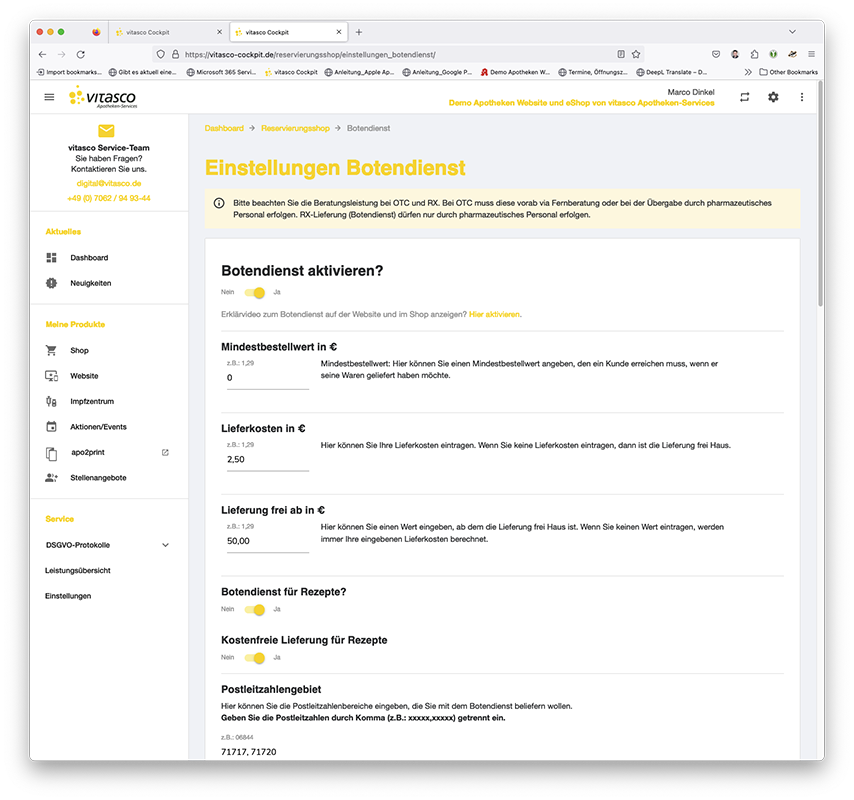 vitasco Website & eShop - Cockpit - Botendienst im eShop einrichten