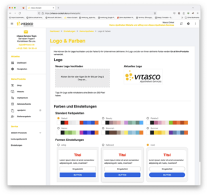 Screenshot zum Backend des vitasco Website System, Logo und Farben für das Website Template einstellen - vitasco Website und eShop