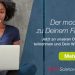 Banner mit Text und dem Bild von einer Frau die vor einem Laptop sitzt