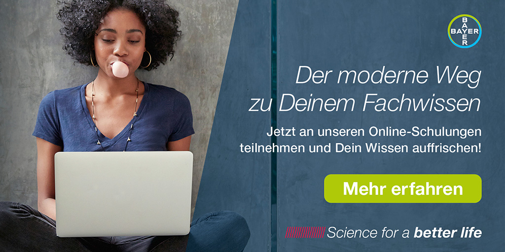 Banner mit Text und dem Bild von einer Frau die vor einem Laptop sitzt