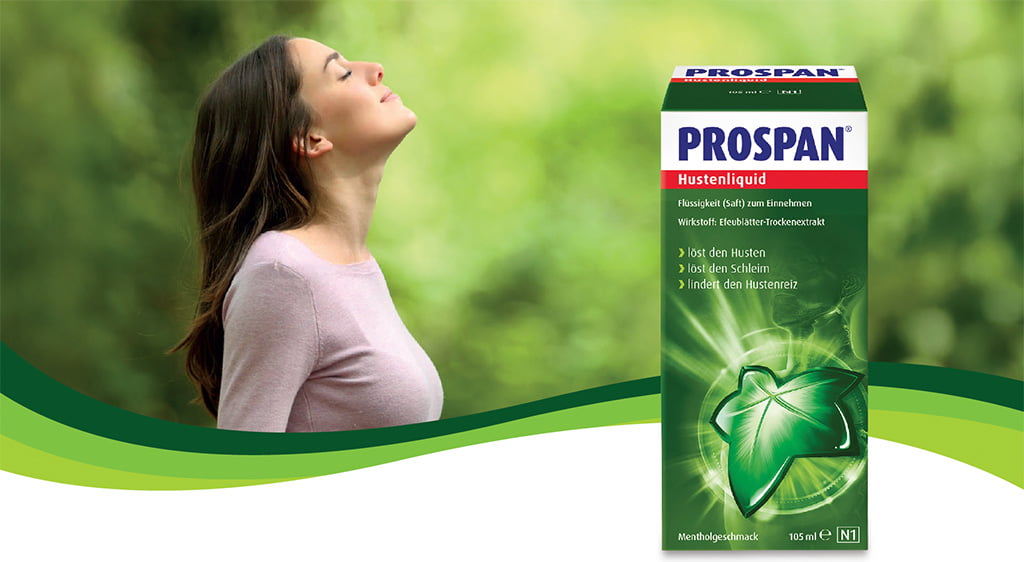 Header Werbebild mit einer Frau die im Seitenprofil zu sehen ist und ihren Kopf mit geschlossenen Augen nach oben streckt. Daneben ist ein großer Packshot von Prospan zu sehen.